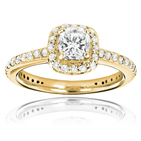 14K Cushion Natural 1.2 Ctw Diamond Unique Engagement Ring Halo Design (Yellow Gold Size 9)