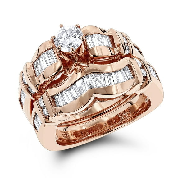 14K Designer Engagement Ring Band Set Round Baguette 2.5 Ctw Diamonds (Rose Gold Size 5)
