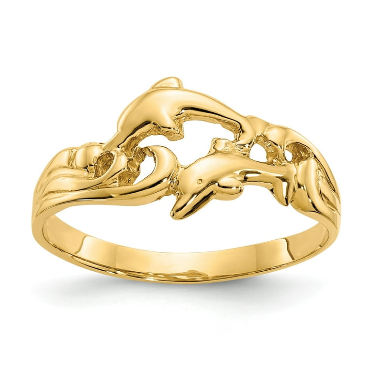 14K Yellow Gold Solid Double Dolphins With Waves Ring 14K Yellow Gold Solid Double Dolphins With Waves Ring