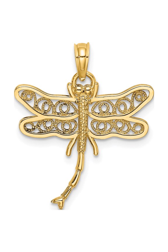14K Dragonfly wBeaded Filigree Wings Charm Yellow Gold Material Enchanting Luxe Charming Perfect for adding elegance to any outfit