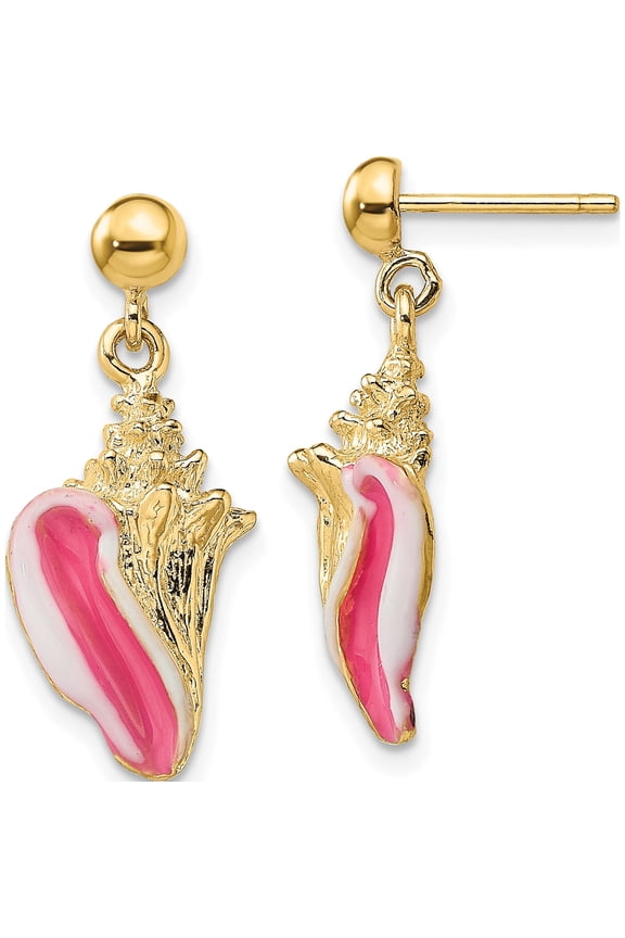 14K Yellow Gold Feminine, Treasure-Worthy Polished 15.6 Mm 10.1 White And Pink Enamel Conch Shell Dangle Earrings
