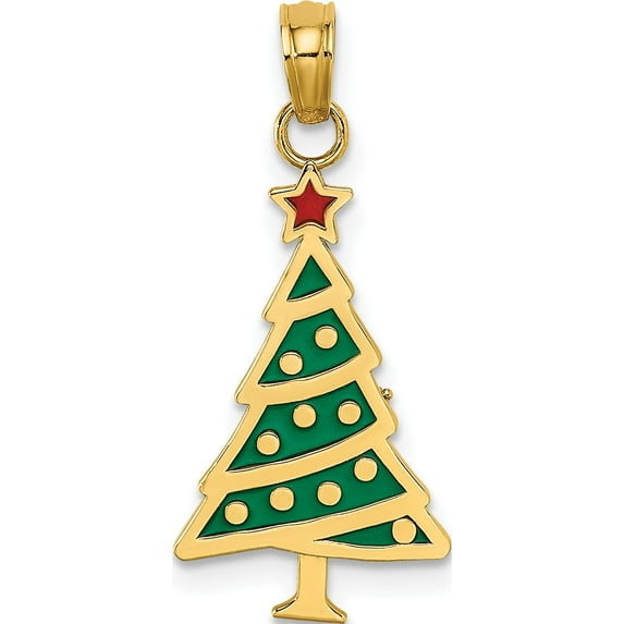 14K Enamel Green Christmas Tree w Red Star Charm Yellow Gold Material Feminine Polished Treasure-worthy A thoughtful gift for anniversaries birthdays or special occasions