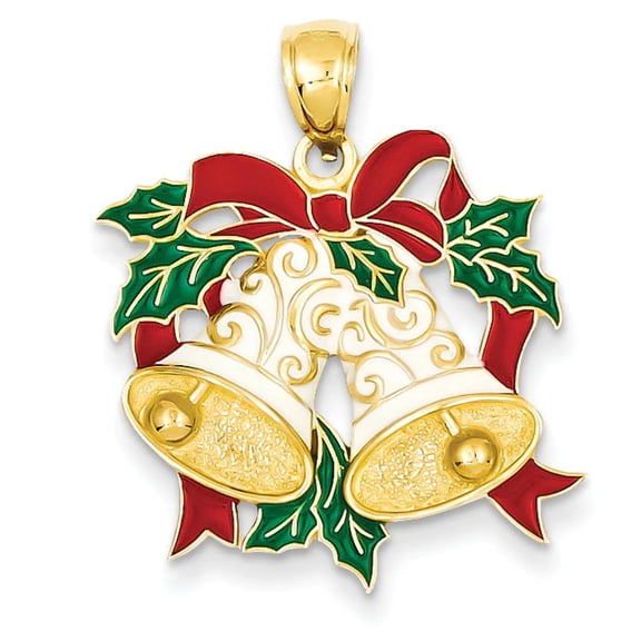 14K Yellow Gold Enamel Holiday Bells and Holly Charm Pendant