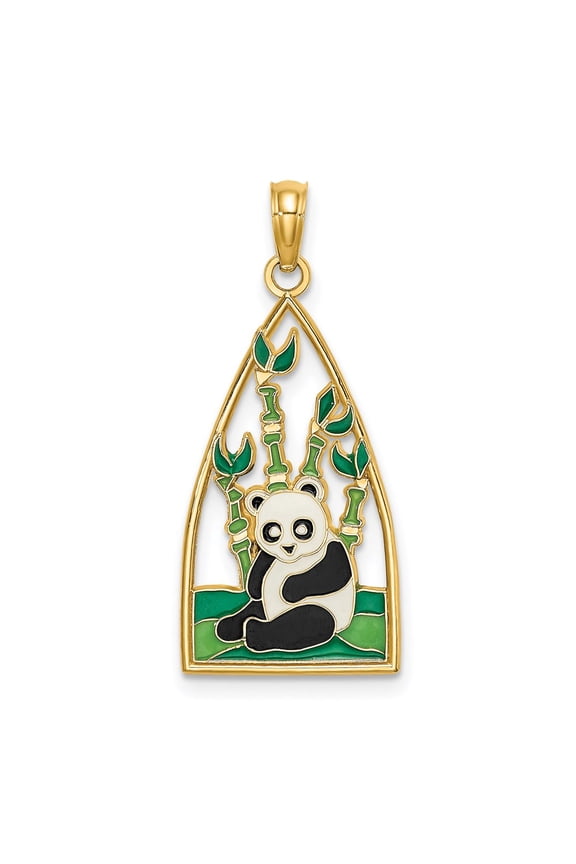14K Yellow Gold Multi-Color Panda Bear Bamboo Pendant