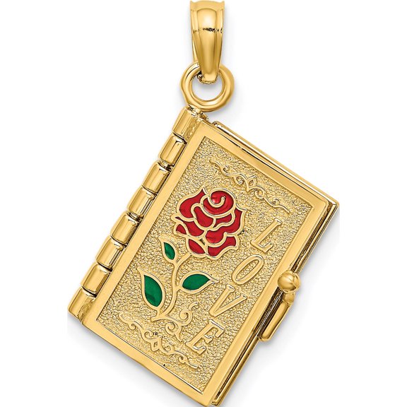 14K Enameled 3D Moveable LOVE Flower Book Pendant Yellow Gold Material Timeless Delicate Handcrafted Perfect for adding elegance to any outfit