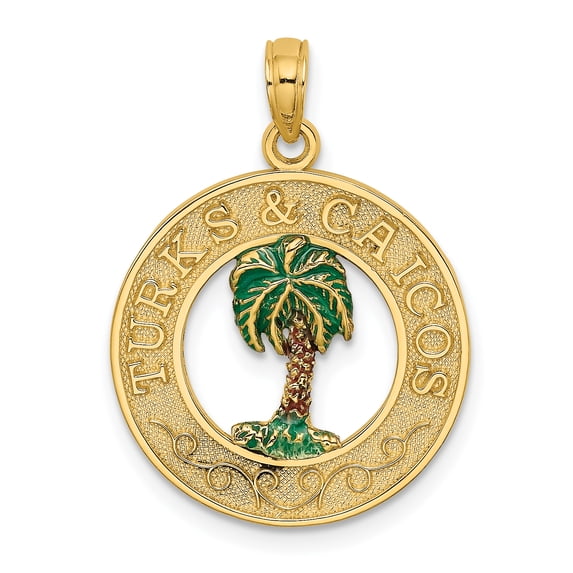 14K Enameled TURKS AND CAICOS w/Palm Tree Circle Charm K6811