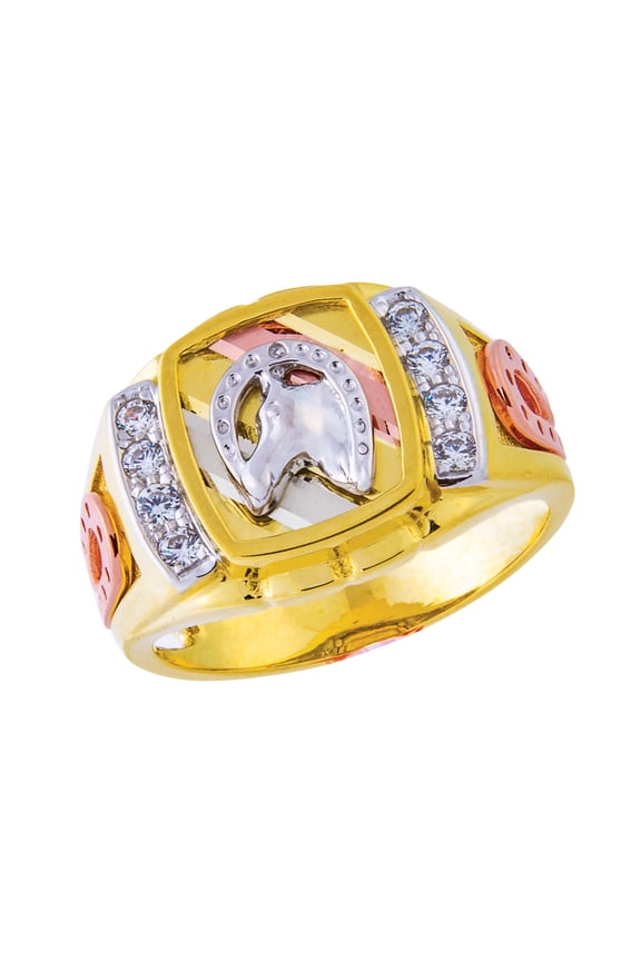 14K Fancy Horse in Horseshoe CZ Tri-Color Gold Ring
