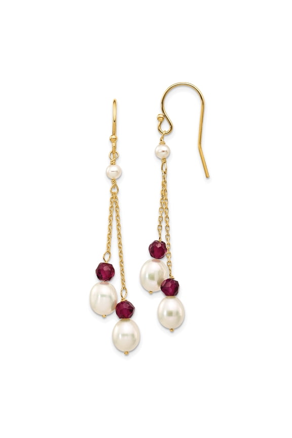 14K Fresh Water Cultured Pearl and Garnet Double Chain Drop Earrings