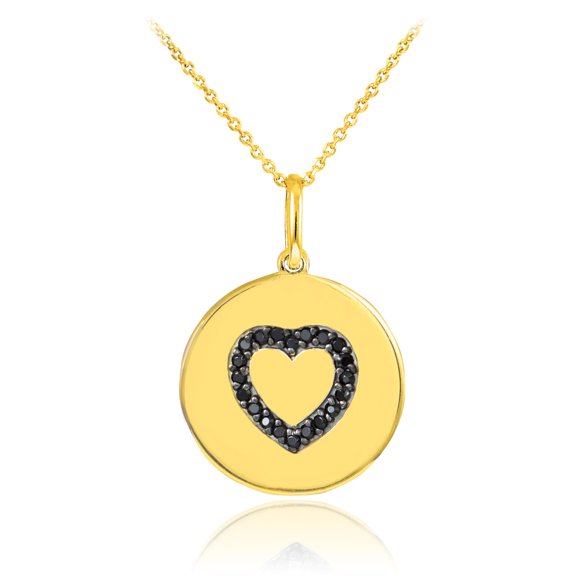 14K GOLD HEART BLACK DIAMOND DISC PENDANT NECKLACE - Pendant with 16" chain