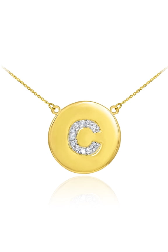 14K GOLD LETTER "C" INITIAL DIAMOND DISC NECKLACE : 22"