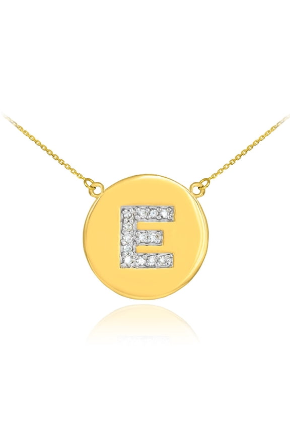 14K GOLD LETTER "E" INITIAL DIAMOND DISC NECKLACE - 18"