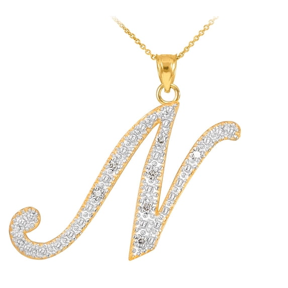 14K GOLD LETTER SCRIPT "N" DIAMOND INITIAL PENDANT NECKLACE : Pendant with 20" chain