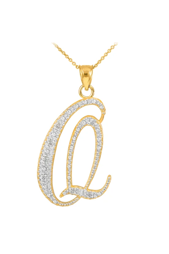 14K GOLD LETTER SCRIPT "Q" DIAMOND INITIAL PENDANT NECKLACE - Pendant only