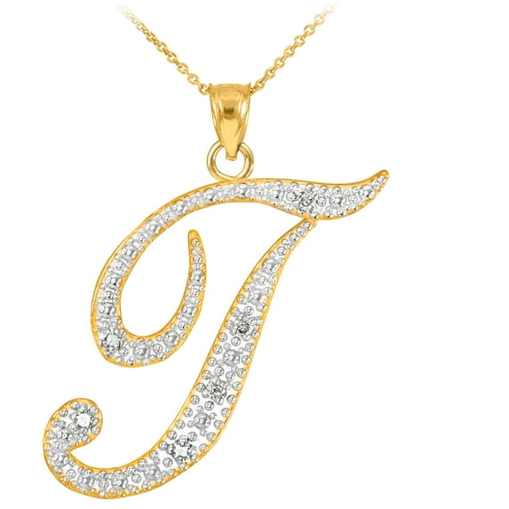14K GOLD LETTER SCRIPT "T" DIAMOND INITIAL PENDANT NECKLACE : Pendant with 20" chain