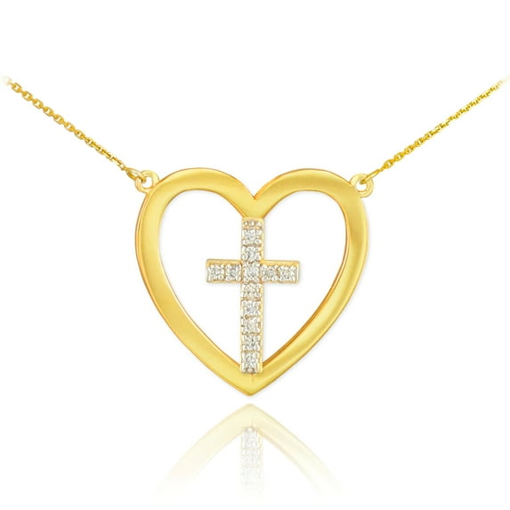 14K GOLD OPEN HEART DIAMOND CROSS NECKLACE : 18"