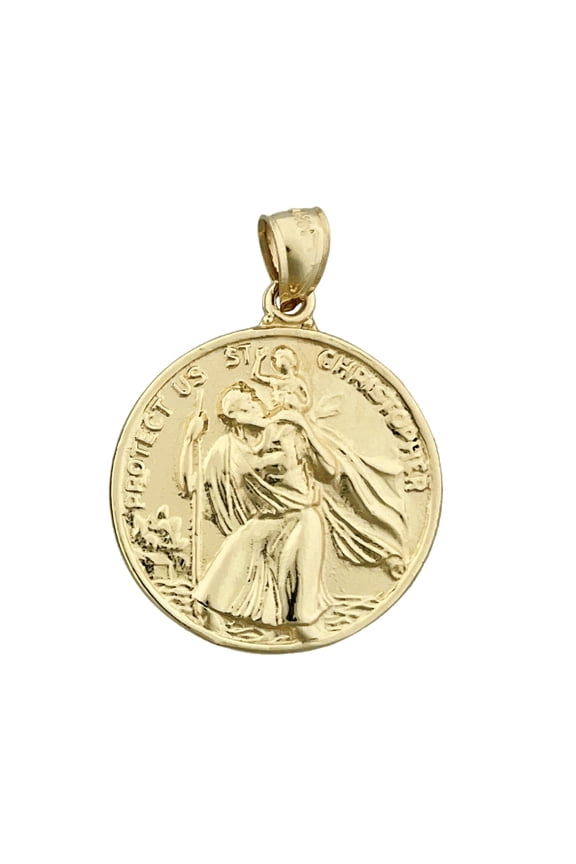 14K Gold 25MM Saint Christopher Protect Us Coin Medallion