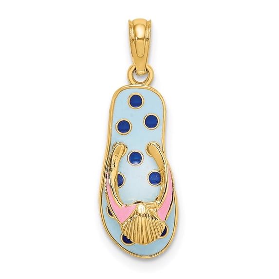 14K Gold 3D Enamel Shell On Blue Polka-Dot Flip-Flop Charm