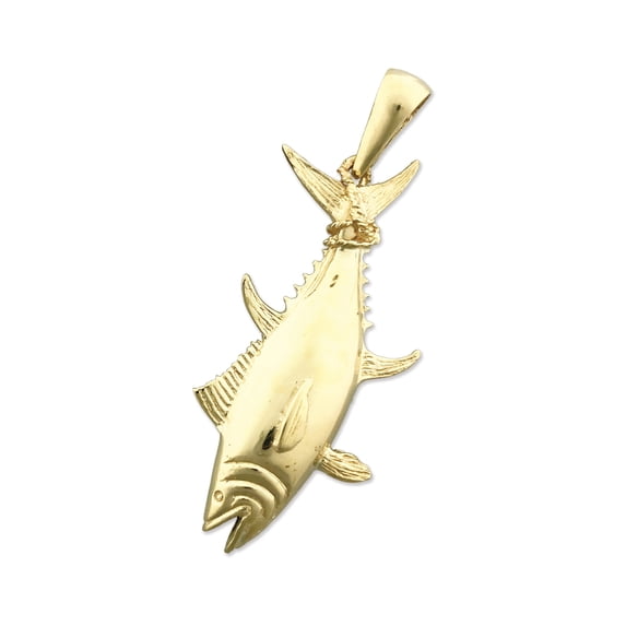 14K Gold 3D Tuna with Rope Wrapped Fin Pendant