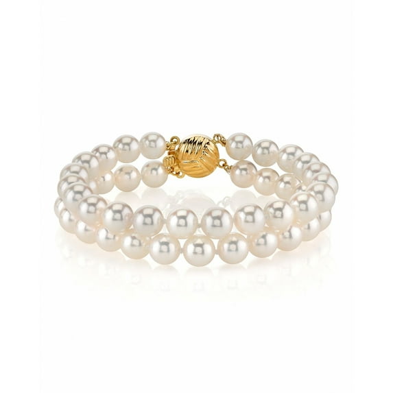 14K Gold 6.0-6.5mm Double Japanese Akoya Saltwater White Cultured Pearl Bracelet - AAA Quality