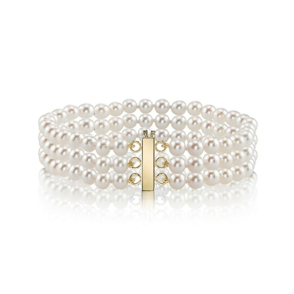 14K Gold 6.0-6.5mm Triple Japanese Akoya Saltwater White Cultured Pearl Bracelet