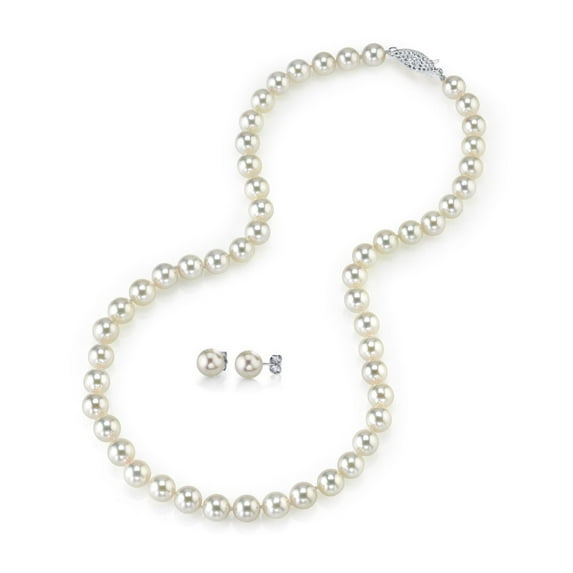 14K Gold 7.0-7.5mm White Akoya Cultured Pearl Necklace & Matching Earrings Set, 17" Length - AA+ Quality