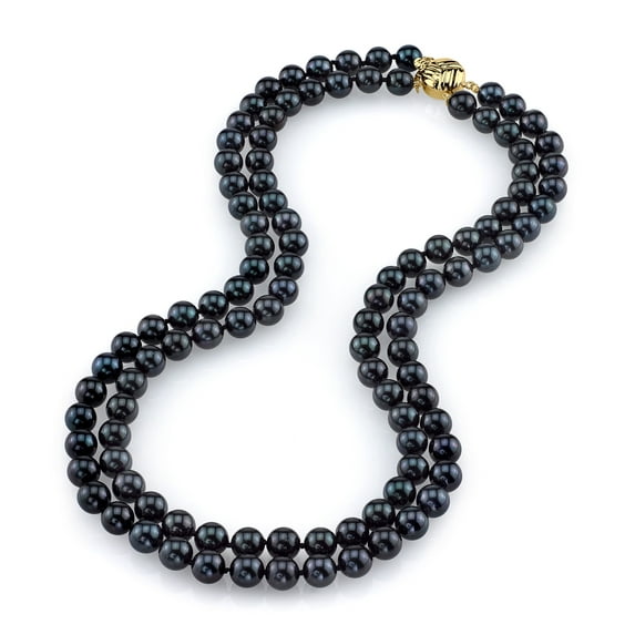 14K Gold 8.0-8.5mm Black Akoya Cultured Pearl Double Strand Necklace - AAA Quality - 16-17" Length