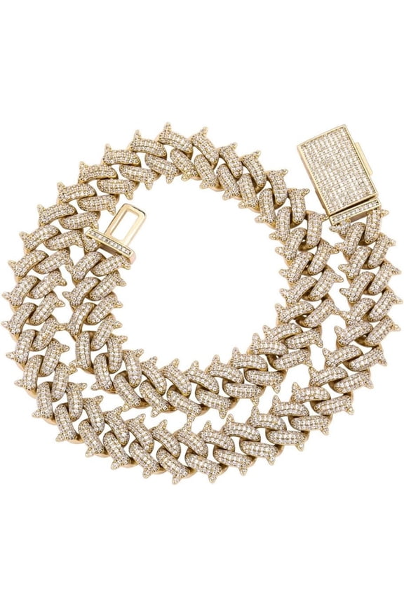 14K Gold Over 925 Silver 15mm Cuban Link Necklace, Men's Hip-Hop Style Thorn-Design Moissanite Embellished, Bold Statement Jewelry Piece,Father's Day Gifts for Dad