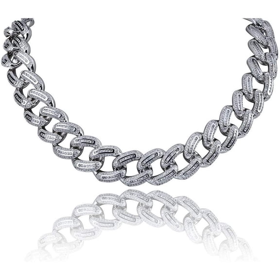 14K Gold Over 925 Silver Densely Set Moissanite Necklace, 18mm Hip-Hop Cuban Neck Chain, A Striking Accessory for Parties or Fashion-Forward Gents,Fathers Day for Dad