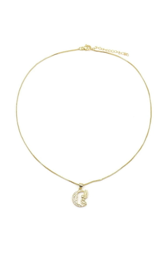 14K Gold Plated Angel and Moon Pendant Necklace with Genuine Crystals