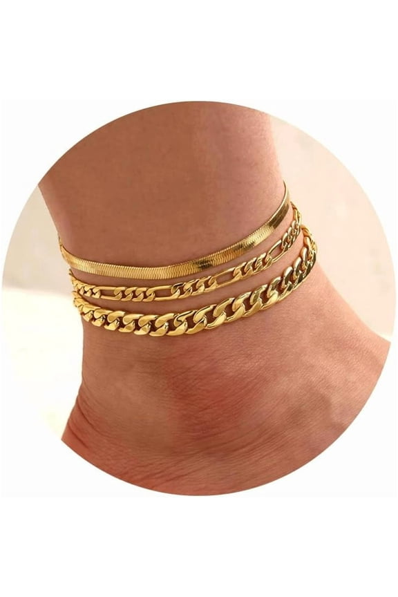 14K Gold Anklets for Women Waterproof Rhinestone Ankle Bracelet Layered Cuban Link Chain Diamond Anklet Beach Jewelry for Women GOLD- Anklets-Style-C