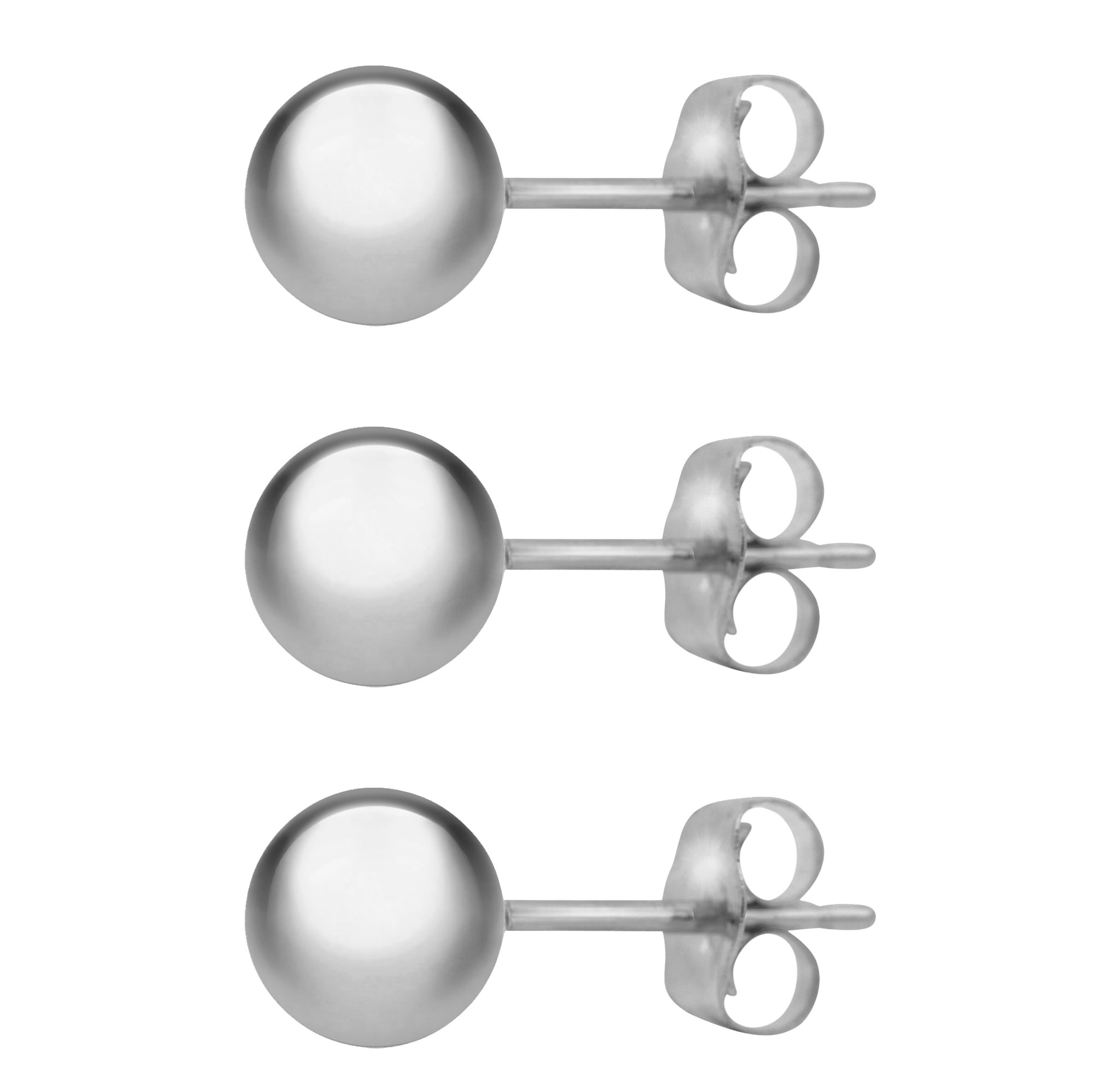 14K White Gold Ball Earrings for Women - 3MM, 4MM, 5MM (3 Pack)