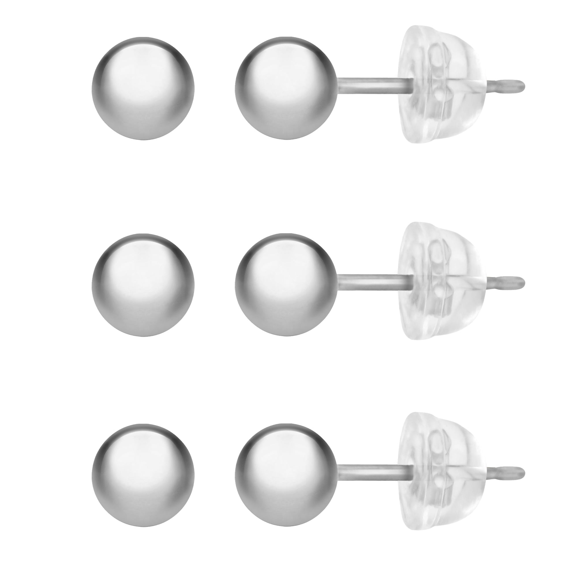 14K White Gold Ball Earrings for Women - 3MM, 4MM, 5MM (3 Pack)