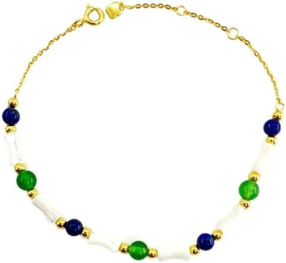 14K Gold Bamboo Bead Bracelet, Green Jade and Shell Bead Design Bracelet, Elegant Chinese Style Jewelry for Women