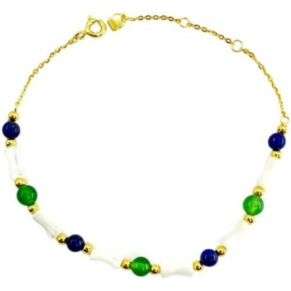 14K Gold Bamboo Bead Bracelet, Green Jade and Shell Bead Design Bracelet, Elegant Chinese Style Jewelry for Women
