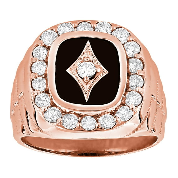 14K Gold Black Natural Onyx and Real 1.5 Ctw Diamond Mens Ring (Rose Gold Size 7.5)