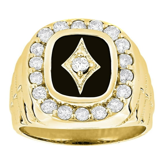 14K Gold Black Natural Onyx and Real 1.5 Ctw Diamond Mens Ring (Yellow Gold Size 9.5)