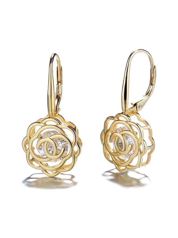 Amy and Annette 14K Yellow Gold Plated Caged with Crystals Rose Lever Back Earrings