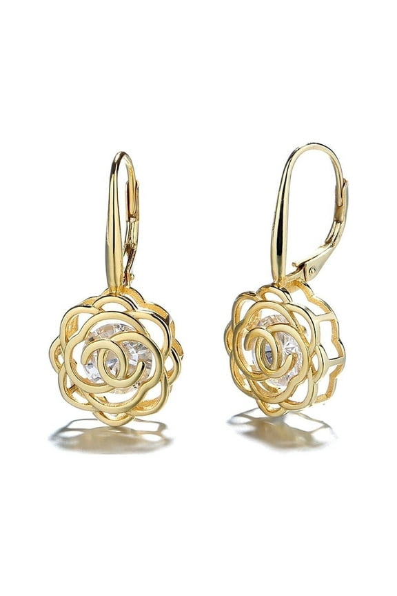 14K Yellow Gold Plated Caged with Crystals from Swarovski Rose Lever Back Earrings
