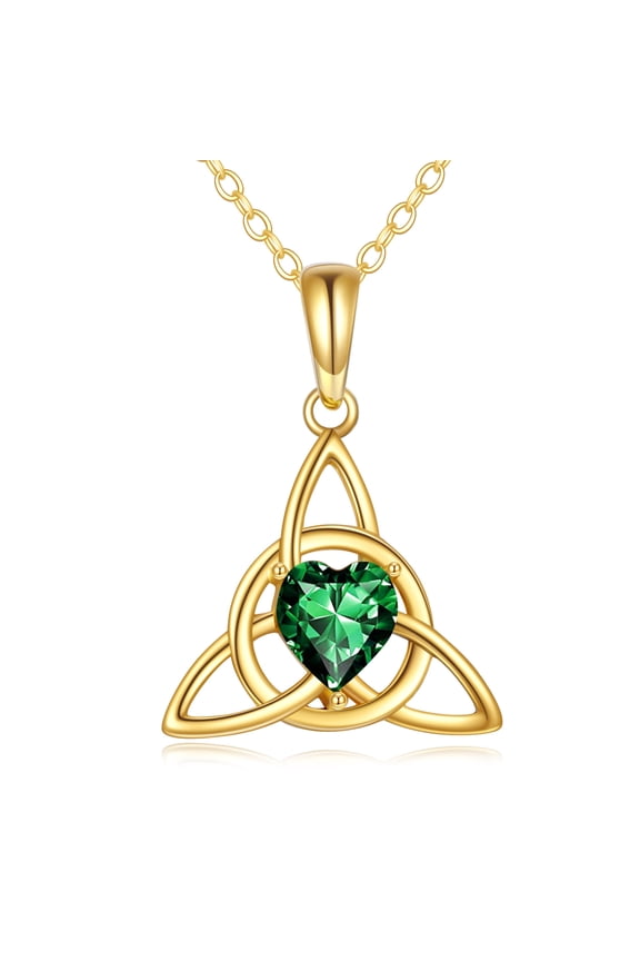 14K Gold Celtic Knot Necklace for Women Crystal Emerald Gold Jewelry for Her Good Luck Irish Triquetra Triangle Knot Jewelry