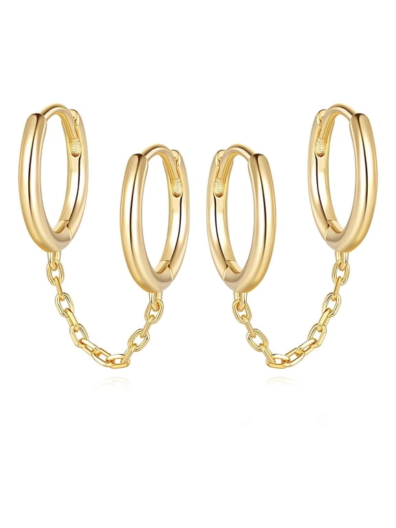 14K Gold Chain Earrings for Women Double Hoop Earrings with Earring Chain 14K Gold Plated Hoop Earrings Hypoallergenic Earrings Trendy Women's Earrings Birthday Christmas Anniversary Gifts for Women