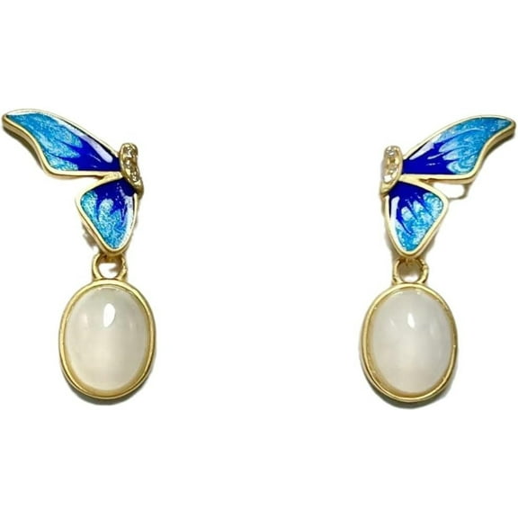 14K Gold Cloisonné Butterfly Wing Earrings, Real Natural Jade Dangle Earrings, Elegant Jade Jewelry Gift for Her Happiness