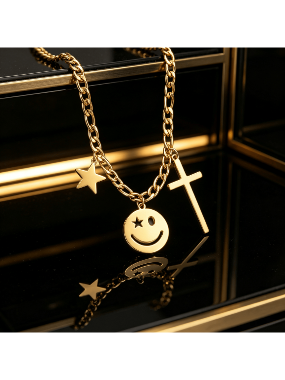 Multi Charm Star Smiley Cross Pendant Necklace For Men Women, 14K Gold Filled Upscale Everyday Jewelry