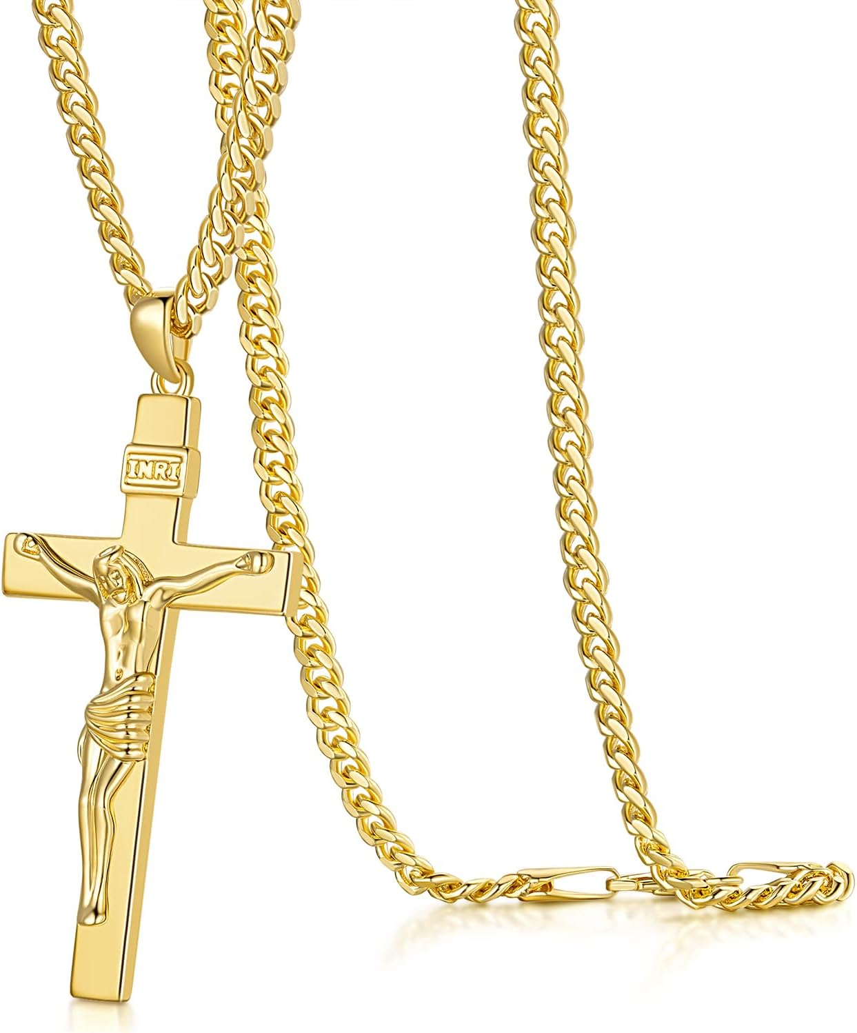 14K Gold Plated Cross Necklace For Men - 20\" 22\" 24\" Cuban Chain With Crucifix Pendant (55mm)