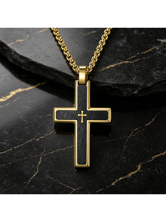 Contrast Inlay Dual Cross Pendant Statement Necklace for Men Women, 14K Gold Filled Distinctive Upscale Luxury Jewelry