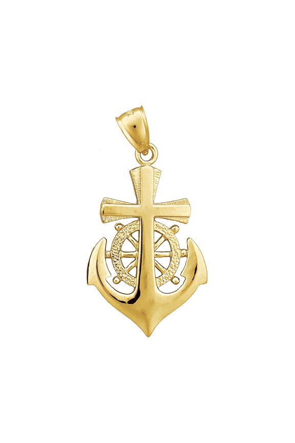 14K Gold Cross, Ship Wheel, Anchor Pendant