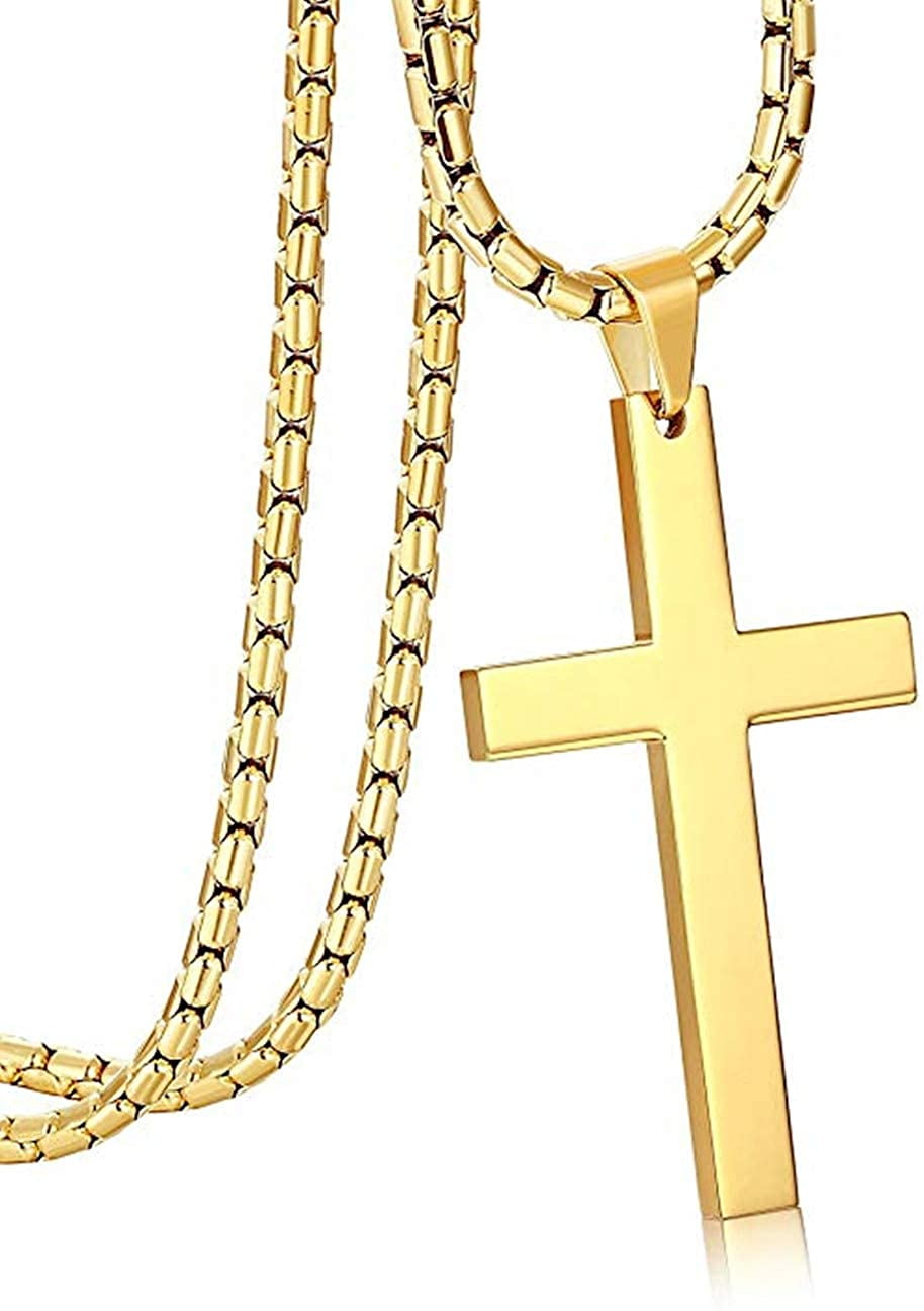 14K Gold Cross for Men Women Boys Fathers Husband Wife Perfect gift with 4mm cuban link chain 18ct small cross
