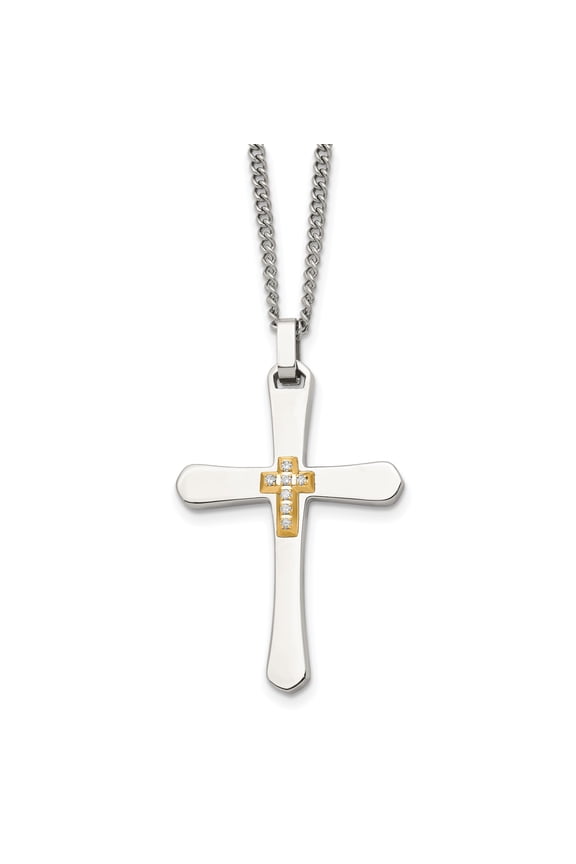14K Gold Cross with Genuine 7 Round Diamonds on Stainless Steel Polished Cross, 24" Chain Pendant Necklace, Religious Men's Jewelry