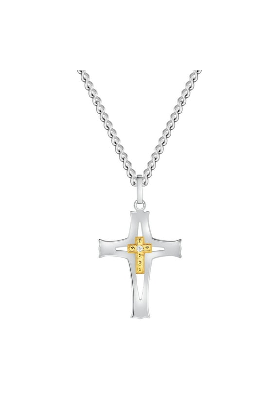 14K Gold Cross with Genuine Diamond on Stainless Steel Polished Cross, 24" Chain Pendant Necklace, Religious Men's Jewelry