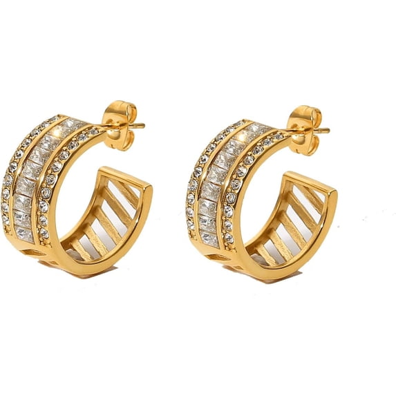 14K Gold Crystal C Shape Earrings, Natural Crystal Earrings - Perfect Birthday and Holiday Gift for Mom, Wife and Girlfriend