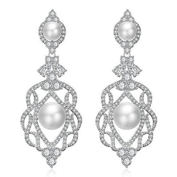 14K Gold Crystal Pearl Chandelier Women Earrings, Freshwater Pearl and Moissanite Tassel Design Drop Earrings, Fashion Jewelry Gifts for Mom, Girlfriend, Wife